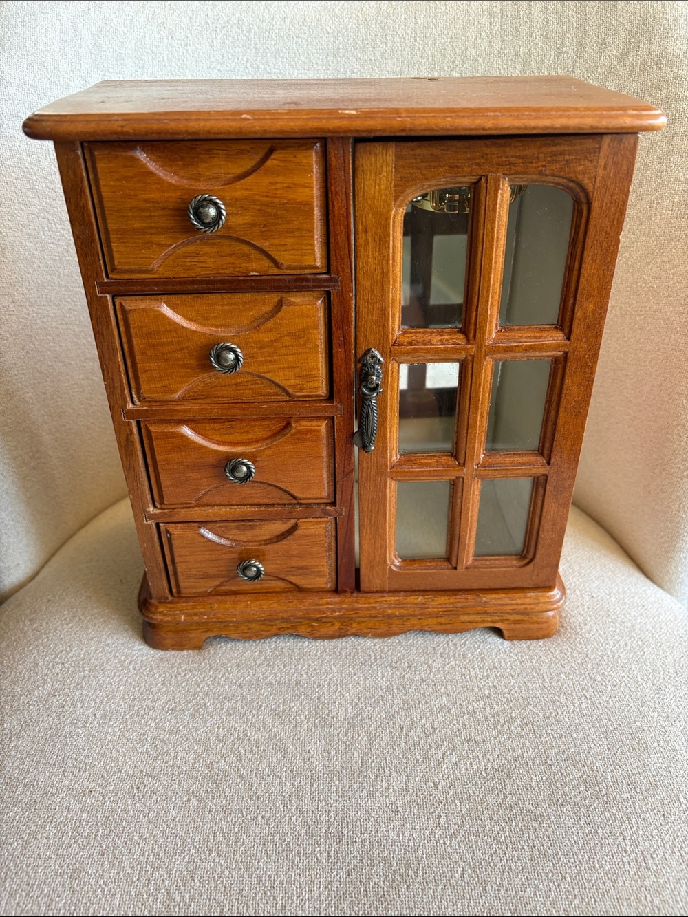 VTG Wood Jewelry Cabinet with Mirrored Door 9” X 10.5”